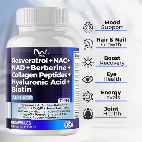 Resveratrol NAD Aspartate Hyaluronic Acid Grape and Blueberry Collagen Peptides Hair, Nail, Skin, and Joint Supplements Capsules